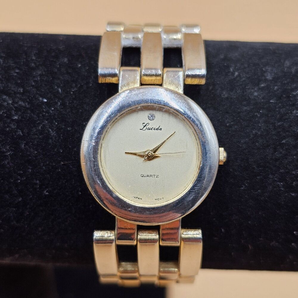 Vtg Lucida Cream Dial Diamond Quartz Stainless Steel Ladies Watch New Battery